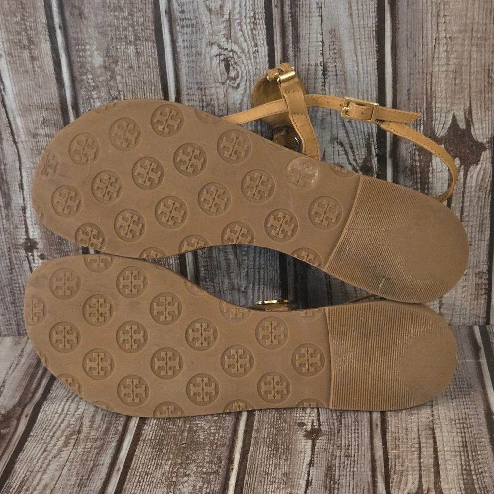Sz 8.5 M Tory Burch Ali Brown Leather Gold Logo Thong Flat Sandals VGUC!
